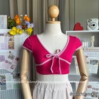ราคา ครอปคอวี ครอปคอวีผ้าร่อง คอวีผูกโบว์ (20579027744)