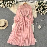 ราคา หรูหราชีฟองยาว Dress ผู้หญิงแฟชั่นเกาหลีจีบค่ำพรรคเดรสสุภาพสตรีฝรั่งเศส Maxi รอบคอ Dress (15835337293)