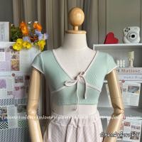 ราคา ครอปคอวี ครอปคอวีผ้าร่อง คอวีผูกโบว์ (20579027739)