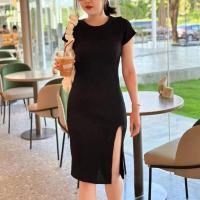 ราคา เดรสยาวคอกลมแขนสั้น ผ่าข้าง ทรงรัดรูปผ้ายืดท็อฟฟี่ (21195676134)