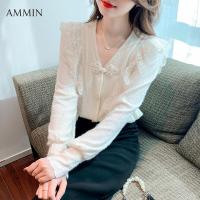 ราคา AMMIN เสื้อคอวีแนวย้อนยุคกระดุมจีนสำหรับผู้หญิงเสื้อลายลูกไม้แขนยาวขรุขระใหม่2023ฤดูใบไม้ร่วง ฤดูหนาวลูกไม้เย็บปักสีขาว (20521114157)