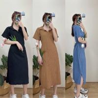 ราคา เดรสยาวคอปกผ่าข้าง ผูกเอวหลัง ผ้ายืดใส่สบาย (19838306326)