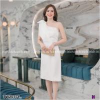 ราคา TW20331 เดรสไหล่เบี่ยงแต่งผ้าแก้วออแกนดี้ (21346602202)