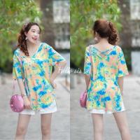 ราคา เซ็ท 2 ชิ้น ผ้ายืดเนื้อเด้ง เสื้อคอวีหลังไขว้ กางเกงผ้าซาร่าเอวสม็อคหลัง (19726127980)