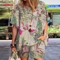 ราคา 2 Pcs Women Outfits Cotton Linen Retro Printing Short Sleeve Blouse Side Pockets Shorts Plus Size Loose Cropped Pants Set (19701050766)