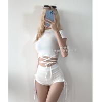 ราคา ชุดเซ็ทออกกำลังกาย กางเกงรูดข้าง เสื้อผูกเอว ชุดสายฝอ เสื้อครอปแขนสั้น ฟรีไซส์ XS M (14045787501)