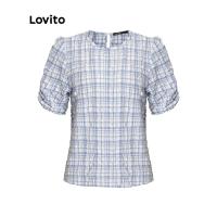 ราคา เสื้อเบลาส์แขนสั้นคอกลม Lovito ลายสก๊อตหรูหราปุ่มกลับ Ruched สำหรับผู้หญิง L47ED061 สีน้ำเงินและสีขาว Lovito เสื้อเบลาส์แขนสั้นลายสก๊อตหรูหราปุ่มกลับ Ruched สำหรับผู้หญิง (20594345843)