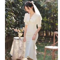 ราคา Glary ดาวชุดราตรีขนาดเล็กหญิงสีขาวใบอนุญาตแต่งงานลงทะเบียนฝรั่งเศสซาติน Fishtail ทุกวันสวมใส่ชุดหมั้นฤดูร้อน (16033133569)