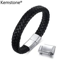 ราคา Kemstone กำไลข้อมือสแตนเลสหนังแท้สีดำสำหรับผู้ชาย (20717047028)