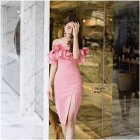 ราคา TW11284 เดรสปาดไหล่ระบายผ่าหน้า (7638381027)