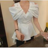 ราคา พร้อมส่ง รุ่น Off shoulder cotton เสื้อแขนสั้น คอวี ผ้าคอตตตอน100 (21018314008)