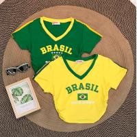 ราคา เสื้อครอปสั้นคอวีแถบแขนลาย BRASIL (20956474844)