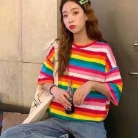 ราคา Ladateens shop เสื้อลายทางเส้นเล็กสีรุ้ง แบบใหม่สไตล์เกาหลี Oversize 009 (6507138512)