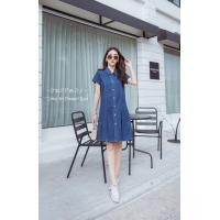 ราคา เดรสยีนส์สั้นเเขนยาว กระดุมเรียงหน้า เดรสสั้นผ้ายีนส์ฟอก (20514597946)