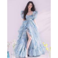 ราคา YOSIMI ชุดเดรสยาวชุดเดรสปาร์ตี้2023สั้นแขนพองสีน้ำเงินสำหรับฤดูร้อนผ้าชีฟองยาวถึงพื้นสำหรับผู้หญิง (19908528018)