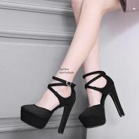 ราคา พร้อมส่งจากไทย รองเท้าผู้หญิง รองเท้าส้นสูง ส้นแท่ง5 5 เสริมหน้า1 5 ปิดหน้ารัดข้อ รหัสT80 (17118442027)