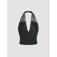 ราคา Cider V neck Contrasting Lace Halter Crop Top (20727757316)