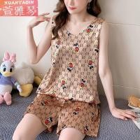 ราคา ผู้หญิงชุดนอนน่ารักพิมพ์รูปแบบชุดนอนผ้าไหม V คอเซ็กซี่ Pijama ซาติน Night ชุดสวมใส่แขนกุดเสื้อและกางเกงขาสั้น (8574593885)