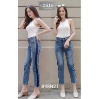 ราคา 2NaraJeans ยีนส์บอยเฟรนเอวสูงฟอกแถบเข้ม แต่งขาด สียีนส์ฟอก (4478922221)