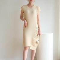 ราคา 3450 One Size 45 75kg Rice Grain Pleated round Neck Short Sleeve Slim Fit Slimming Summer A line Dress (20708137615)