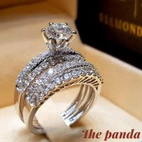 ราคา The Panda Jewelry 2PCS Luxury Filled Diamond Ring White Crystal Rings Women Wedding Party Engagement Jewellery Set (17114605884)
