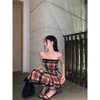 ราคา ชุดเดรสเกาะอกลายตารางแถบสีดำ ส้ม ใส่ได้2แบบเป็นกระโปรงหรือเดรสก็ได้ (20563946858)