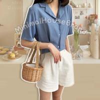 ราคา Minimahousebrand CROP เสื้อเชิ๊ตแขนสั้นปกฮาวายทรงสั้น เอวจั๊ม เสื้อครอป เอวลอยเกาหลี สไตล์มินิมอลสำหรับผู้หญิง (19796557968)