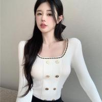 ราคา เสื้อสเวตเตอร์คอเหลี่ยมสไตล์ชาแนลสำหรับฤดูใบไม้ร่วงและฤดูหนาวเสื้อตัวในถักแบบสั้นเข้ารูปใส่แล้วดูผอมเรียบหรูสำหรับสุภาพสตรี (21057163628)