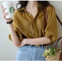 ราคา เสื้อเชิ๊ต 4 ส่วน ผ้าไหมคอตตอนลินิน เส้ยใยธรรมชาติ กระดุมผ่าหน้า ปลายแขนเป็นสม็อค สาวอวบใส่ได้ รุ่น เชิ้ตGold (20583532498)