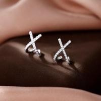 ราคา หนีบเจาะ ต่างหูประดับเพชรรูปตัว X แบบไขว้ ต่างหูหนีบแป้นใส แบบเจาะ เข็มเงิน 925 (21245517125)