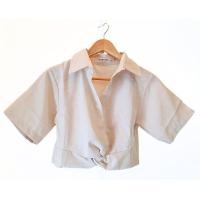 ราคา twist crop top เสื้อครอปคอปกแขนสั้นไขว้หน้า ซิปข้าง ผ้าลินิน เสื้อทำงาน (21139692076)