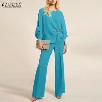 ราคา Esolo ZANZEA ชุดแฟชั่น2ชิ้น3 4เสื้อคอปาดแขนปีกค้างคาวของผู้หญิงชุดกางเกงขายาวขากว้างชุด 15 (21369107768)