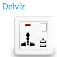 ราคา Delviz Universal 3 hole USB power socket with switch control 2 1A double USB quick charging 86 wall USB socket Gold white (19683478164)