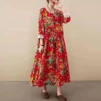 ราคา Spring and autumn new flower skirt features emerald flowers and bright red long floral cloth literary large size fat MM loose big swing dress (18211569809)