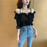 ราคา เสื้อสายเดี่ยวแขนสั้นสไตล์ฮ่องกงเสื้อสายเดี่ยวผ้าระบายขอบและสะดวกสบายเท่เสื้อ MODE Korea แขนเปิดไหล่สั้น (19733249477)