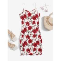 ราคา พร้อมส่งด่วนจากไทย ป้าย SHEIN เดรส เดรสสั้น ลายดอกไม้ กุหลาบแดง ชุดเข้ารูป สายเดี่ยว ขอบย่น (15808706626)