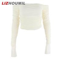 ราคา LIZHOUMIL Women Off Shoulder Crop Top Solid Color Board Collar Long Sleeve Basic Fitted T Shirts Fashion Pullover Blouse Tops (21286323308)