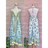 ราคา ชุดเดรสยาวสายเดี่ยวพิมพ์ลาย งานผูกหลังสไตล์โบฮีเมี่ยน (20880251959)