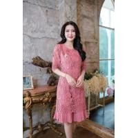 ราคา เดรสลูกไม้แต่งชายผ้าอัดพลีท สวย ใส่ง่ายสวมสบาย เดรสออกงาน เดรสใส่ไปงาน ชมพู กรม S 3XL (19919480804)