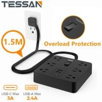 ราคา TESSAN ปลั๊กไฟป้องกันไฟกระชากพร้อมพอร์ต USB USB C ปลั๊กแบนบางเฉียบ 1 5 เมตร 3 เมตร 4 5 เมตรสายต่อ 2500W 10A 8 ซ็อกเก็ต AC 900J ป้องกันไฟกระชากติดผนังโฮมออฟฟิศหอพักต้องมี (20604952722)