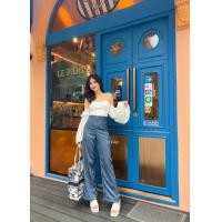 ราคา DressyPพร้อมส่ง รหัสP022 กางเกงขายาว ขาบาน เอวสูง ผ้านาโนลายริ้ว ซิปหลัง ใส่ทำงานไซส XS L (15876017055)