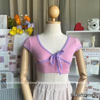 ราคา ครอปคอวี ครอปคอวีผ้าร่อง คอวีผูกโบว์ (20579027740)