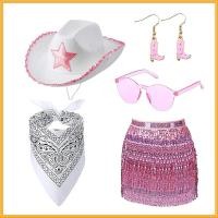 ราคา หมวกปาร์ตี้รูปดาวห้าจุดสำหรับตุ๊กตาบาร์บี้สีชมพูหมวกคาวบอยตะวันตกต่างหูสีชมพูเลื่อมพู่พันสะโพกชุดกระโปรง5ชิ้น (20446328254)