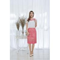 ราคา ชุดเดรสผ้าไทย เสื้อลูกไม้สีขาว กระโปรงตอนตอนพิมพ์ทอง dc11 สีชมพู (351869201)