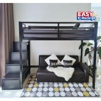ราคา เตียง2ชั้น เตียงล่างโล่ง ขนาด 3 5 ฟุต บันไดเดินขึ้นแบบมีลิ้นชักเก็ยของ เตียงมีสีดำและสีขาวให้เลือก (19061255936)