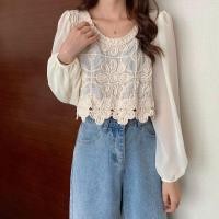 ราคา H H พร้อมส่ง เสื้อถักไหมพรม แขนยาวผ้าชีฟอง ปักลายดอกไม้ CX0020 C (20639057847)