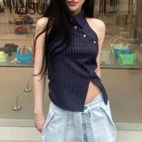 ราคา Simon Women Summer Fitted Vest Stripe Lapel Sleeveless Open Back Slim Fit Tank Tops With Slit Hem For Ladies Black (16602258803)