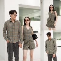 ราคา พร้อมส่ง ชุดคู่รัก เสื้อกั๊กลายสก็อต กางเกงขาสั้นผู้หญิง เสื้อเชิ้ตลายสก็อตผู้ชาย งานป้ายVSM (15830458375)
