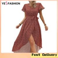 ราคา Yesfashion Store IN stock Women Summer Wrap Maxi Dress High Low V Neck Short Sleeve Floral Print Split Beach Long Dresses (21186691740)