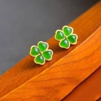 ราคา CPJH Store T B New s925 silver Gold Plated Hetian Jade Four Leaf Clover Ear Stud Womens Silver Needle Simple Elegant Earrings Gift for Girlfriend (17322893072)